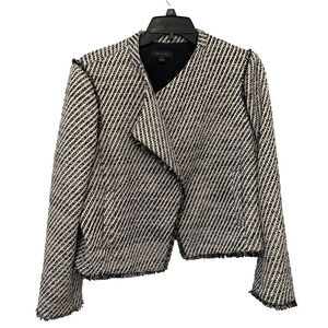 Ann Taylor Blazer Womens 18 Black White Tweed Fringe Open Front Jacket Elegant